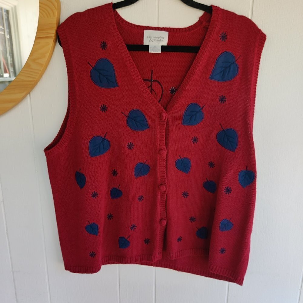Vest, Red knit w/falling leaves and snow in blue embroidery. Christopher Banks - Picture 3 of 9